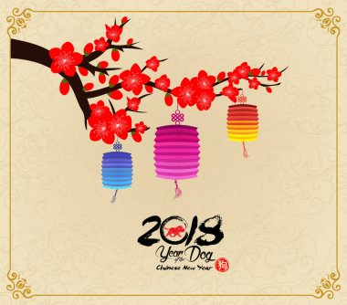 Mutlu çene yeni yıl ve yıl köpek kartı olduğunu fenerler ve çerçeve (hiyeroglif köpek köpek) 