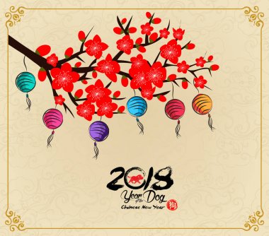 Mutlu çene yeni yıl ve yıl köpek kartı olduğunu fenerler ve çerçeve (hiyeroglif köpek köpek) 