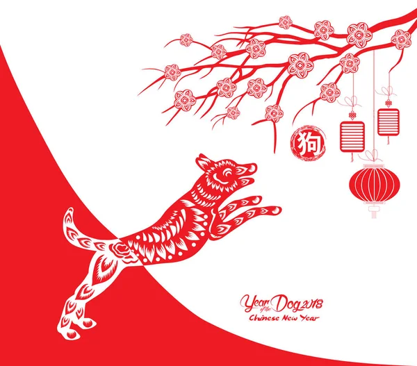 Happy Chinese new year en jaar van hond kaart is lantaarns en hond in frame (hiëroglief hond) — Stockvector