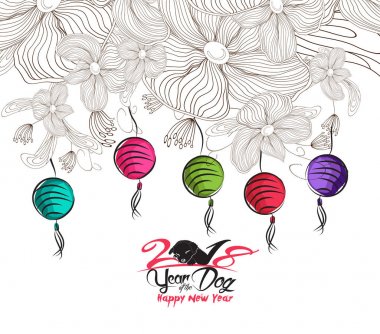 Mutlu çene yeni yıl ve yıl köpek kartı olduğunu fenerler ve çerçeve (hiyeroglif köpek köpek) 