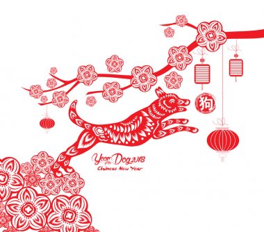 Mutlu çene yeni yıl ve yıl köpek kartı olduğunu fenerler ve çerçeve (hiyeroglif köpek köpek) 