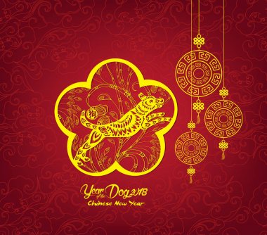 Mutlu çene yeni yıl ve yıl köpek kartı olduğunu fenerler ve çerçeve (hiyeroglif köpek köpek) 