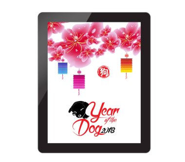 Sakura çiçeği tablet ile Çin yeni yılı. Köpek yılı