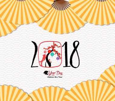 Klasik Çin yeni yılı çiçeği ve katlama kağıt Fan Doğu. Köpek yılı. Çince karakter hiyeroglif köpek