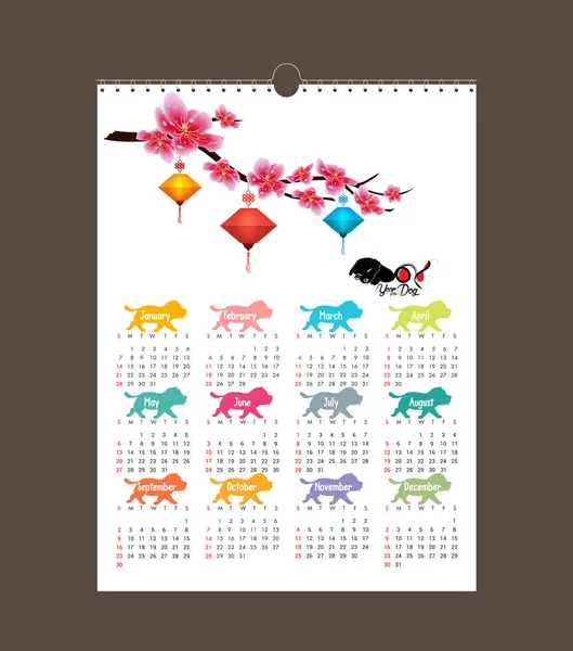 Kalenderentwurf 2018. Chinesisches Neujahr, das Jahr des Hundes und der Sakura-Blüte. Set von 12 Monaten — Stockvektor
