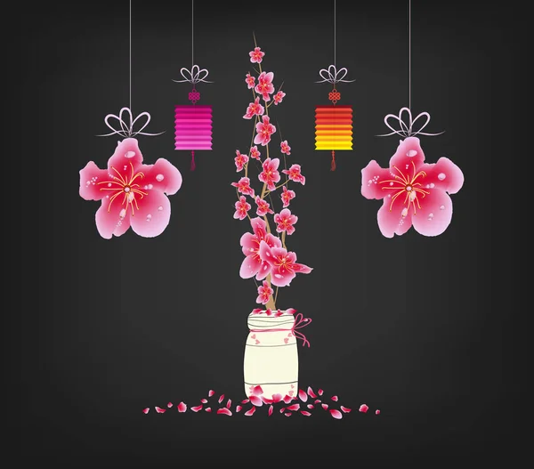 Sakura çiçek arka plan. Kiraz çiçeği ve fener siyah arka plan izole. Çin yeni yılı — Stok Vektör