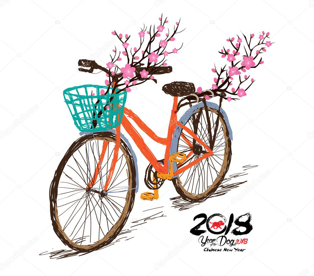 Chinese new year. Hand drawn tintage bicycle with sakura blossom in rear basket. Year of the dog