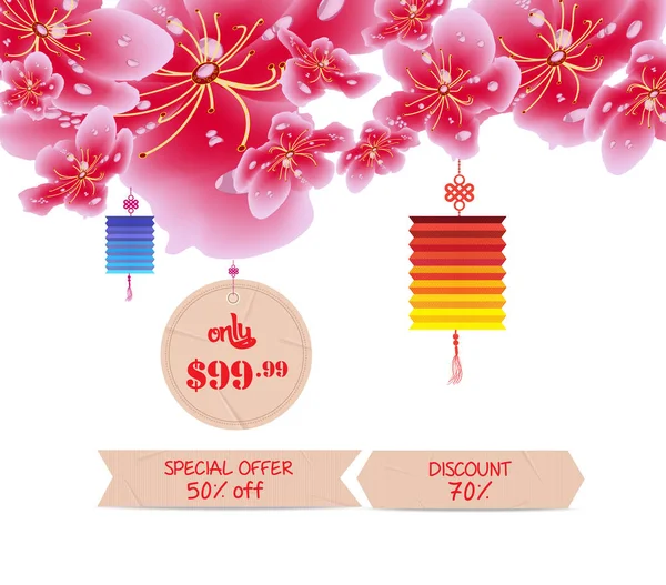 Vår försäljning etikettdesign med sakura blommor. Körsbärsblommor och lykta, kinesiska nyåret — Stock vektor