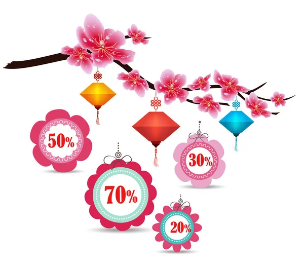 Spring sale label design with sakura flowers. Cherry blossoms and lantern, chinese new year — Stock Vector