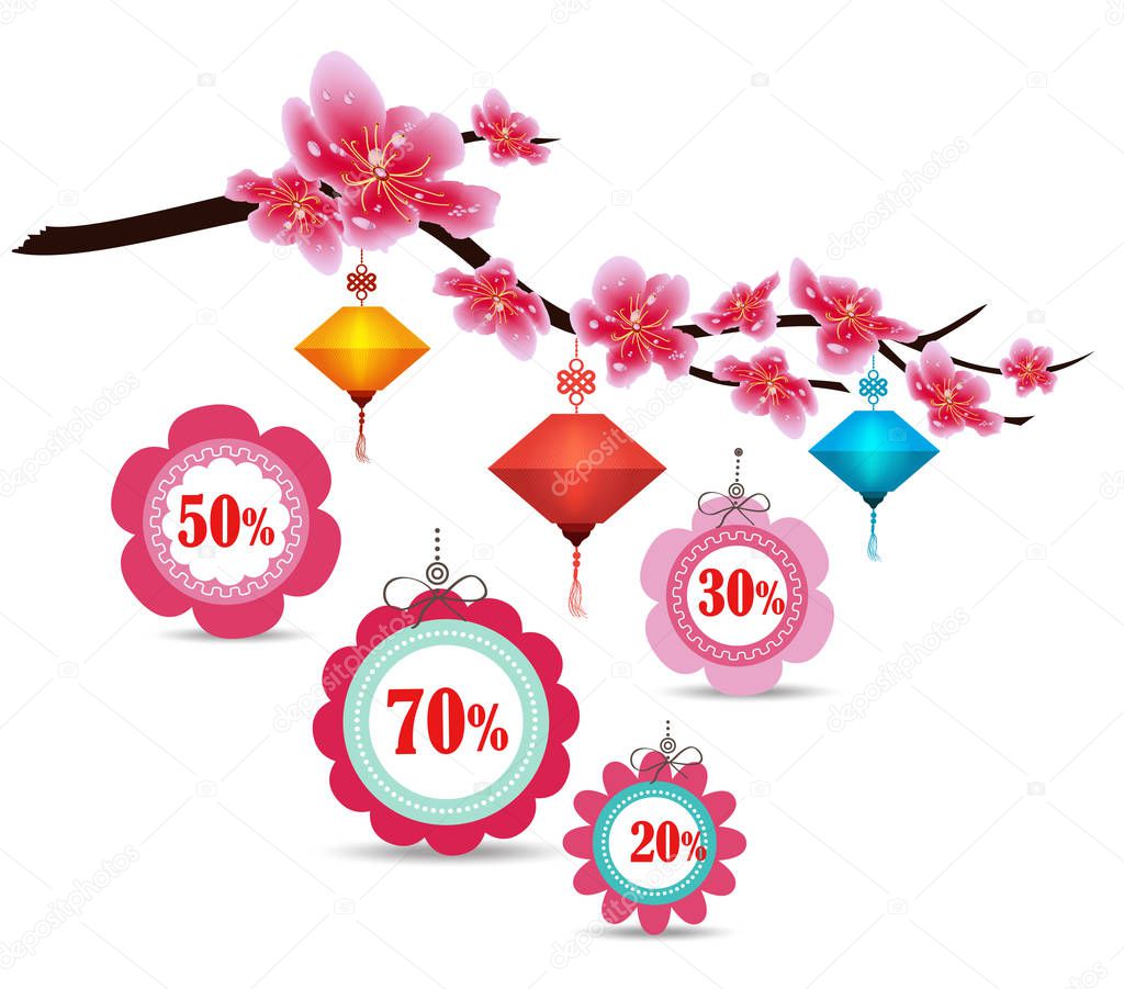 Spring sale label design with sakura flowers. Cherry blossoms and lantern, chinese new year 