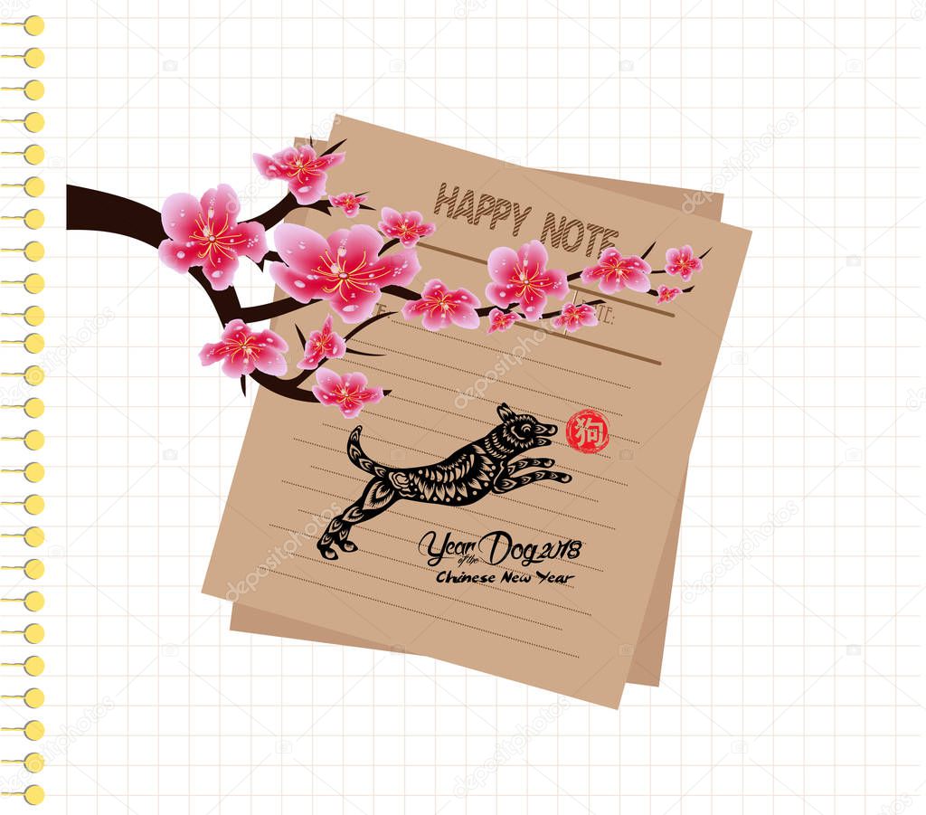 Sakura flowers background. Cherry blossom happy notes retro. Chinese new year (hieroglyph: Dog)
