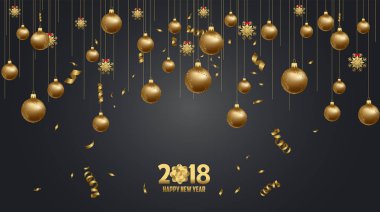vektör çizim mutlu yeni yıl 2018 duvar kağıdı metin Noel topları için altın ve siyah renkler yer