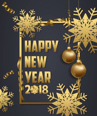 Lüks zarif neşeli Noel ve mutlu yeni yıl 2018 poster. Kar tanesi çerçeve ve altın Noel topları