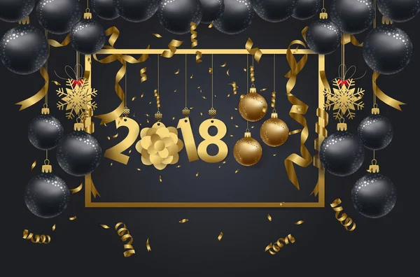 Ευτυχισμένο το νέο έτος 2018 φόντο με χρυσό Κουφέτο Χριστούγεννα και μαύρο χρώματα δαντέλα για το κείμενο — Διανυσματικό Αρχείο