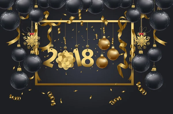 Heureux nouvel an 2018 fond avec confettis de Noël or et de dentelle de couleurs noires pour le texte — Image vectorielle