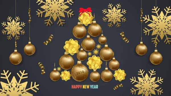 Luxusní elegantní Veselé Vánoce a šťastný nový rok plakát. Sněhová vločka rám a zlaté vánoční koule — Stockový vektor