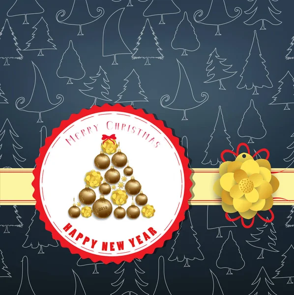 高級エレガントなクリスマスと幸せな新年ポスター。落書き線の木と金のクリスマス ボール — ストックベクタ