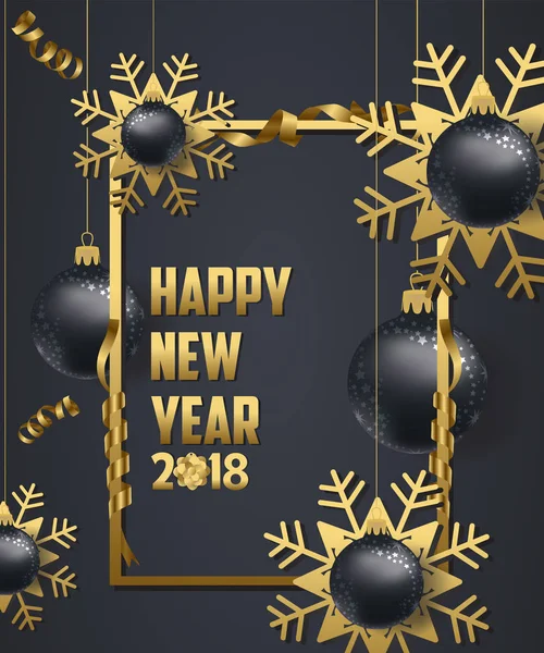 Luksusowych elegancki Wesołych Świąt i szczęśliwego nowego roku 2018 plakat. Bombki choinkowe ramki i złoto śnieżynka — Wektor stockowy