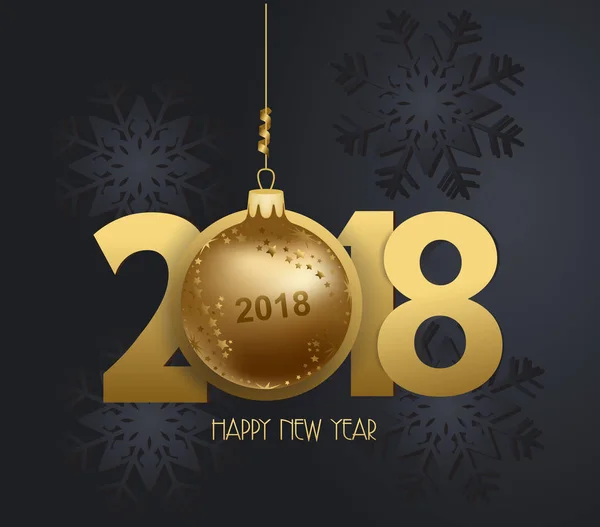 Gott nytt år 2018 snöflinga firande. Guld bollen hälsning dekoration — Stock vektor