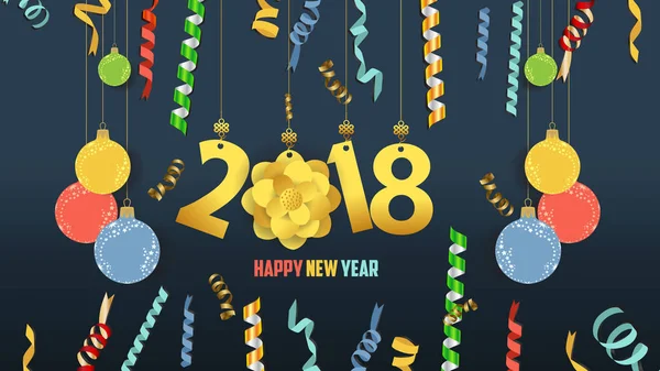 Feliz ano novo 2018 confete e ouro celebração relógio. Colorfull decoração saudação — Vetor de Stock