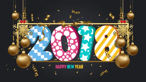 Vector ilustración de feliz año nuevo 2018 fondo de pantalla bolas de oro y negro colorido — Archivo Imágenes Vectoriales