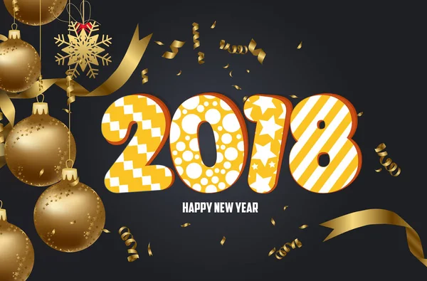 Feliz año nuevo 2018 fondo con bola de Navidad y confeti de oro — Vector de stock