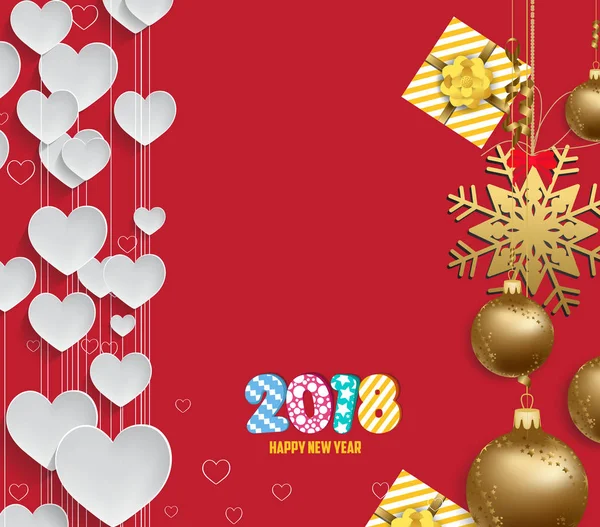 Векторная иллюстрация рождества 2018 года фон сердца с рождественскими шарами золото — стоковый вектор
