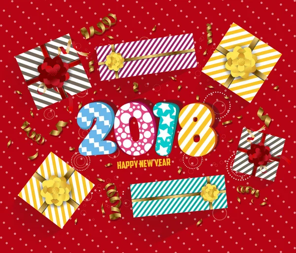 Pozadí vektor 2018 šťastný nový rok s zlaté konfety a dárek — Stockový vektor