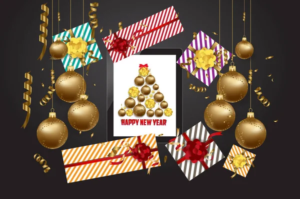 Lujo elegante Feliz Navidad y feliz año nuevo cartel. Confetti y bolas de oro de Navidad — Archivo Imágenes Vectoriales