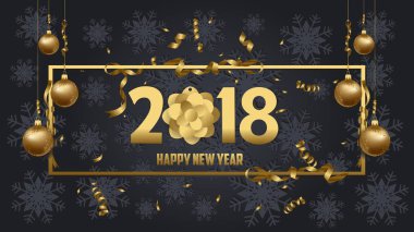 Lüks zarif neşeli Noel ve mutlu yeni yıl 2018 poster. Çerçeve ve altın Noel topları