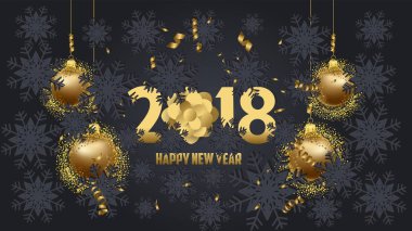 Lüks zarif neşeli Noel ve mutlu yeni yıl 2018 poster. Altın Noel topları
