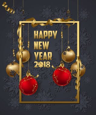 Lüks zarif neşeli Noel ve mutlu yeni yıl 2018 poster. Çerçeve ve altın Noel topları