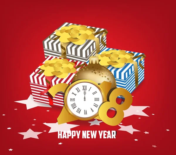 Lujo elegante Feliz Navidad y feliz año nuevo cartel de regalo. Confetti y bola de oro de Navidad — Vector de stock