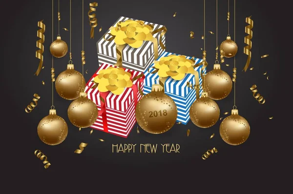 Lujo elegante Feliz Navidad y feliz año nuevo cartel de regalo. Confetti y bolas de oro de Navidad — Archivo Imágenes Vectoriales