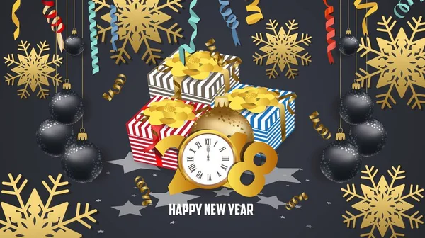 Gelukkig Nieuwjaar 2018 giften en confetti feest. Gouden groet decoratie — Stockvector