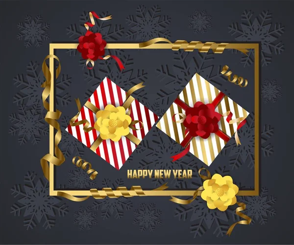 Luxus elegáns kellemes karácsonyi ünnepeket és boldog új évet ajándék poszter. Konfetti és karácsonyi arany labdák — Stock Vector