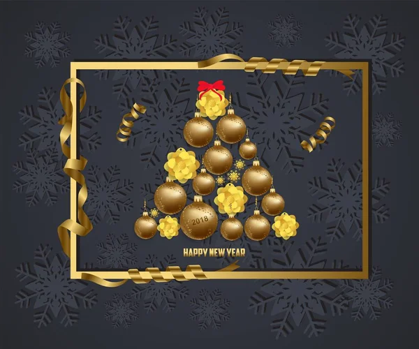 Luxo Elegante Feliz Natal e feliz ano novo 2018 cartaz. Moldura e ouro bolas de Natal — Vetor de Stock