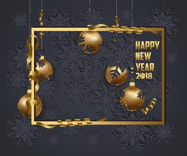Lusso Elegante Buon Natale e felice anno nuovo 2018 poster. Cornice e oro palle di Natale — Vettoriale Stock