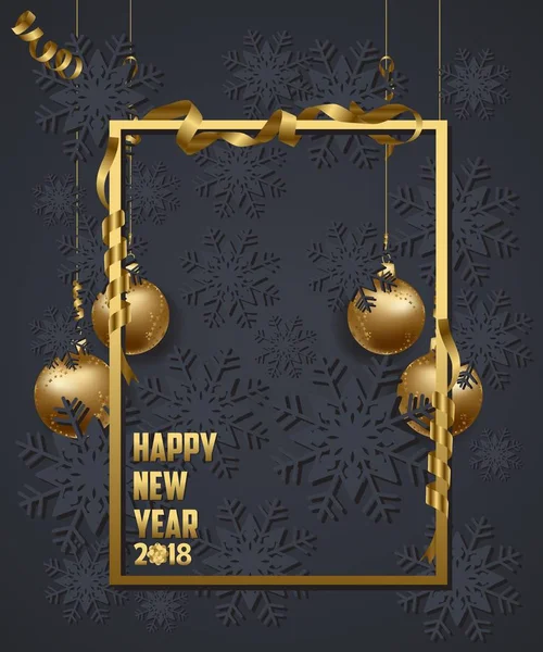 Плакат Elegant Merry Christmas and happy new year 2018. Каркас и золотые рождественские балы — стоковый вектор