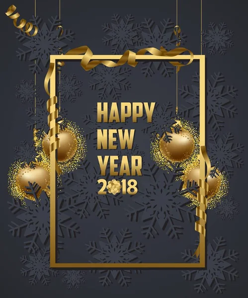 Lusso Elegante Buon Natale e felice anno nuovo 2018 poster. Palle di Natale in oro — Vettoriale Stock