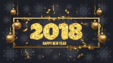 Lüks zarif neşeli Noel ve mutlu yeni yıl 2018 poster. Çerçeve ve altın Noel topları