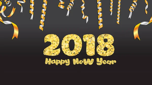 Šťastný nový rok. Zlatý třpyt 2018. Zlatý text a konfety izolované na černém pozadí — Stockový vektor