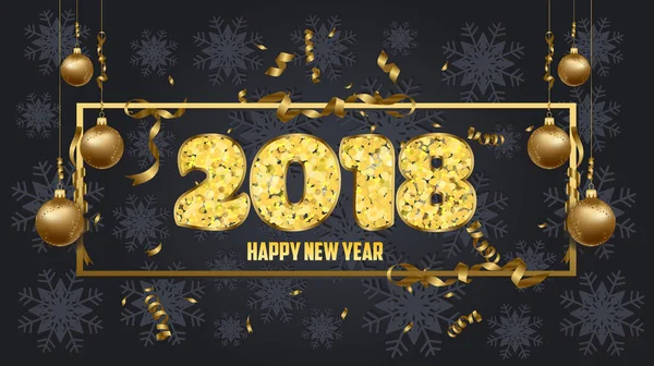 Lüks zarif neşeli Noel ve mutlu yeni yıl 2018 poster. Çerçeve ve altın Noel topları