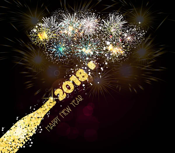 Ano Novo brinde champanhe dourado 2018 fundo fogos de artifício luzes efeitos — Vetor de Stock