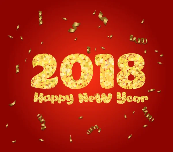 Feliz año nuevo. Brillo de oro 2018. Texto dorado y confeti aislados sobre fondo rojo — Archivo Imágenes Vectoriales