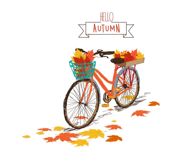 Hola otoño. Bicicleta artesanal con hojas de otoño en cesta trasera — Archivo Imágenes Vectoriales