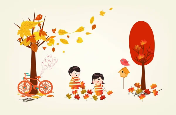 Hello autumn funny kids of a forest in autumn with leaves falling — Stock Vector