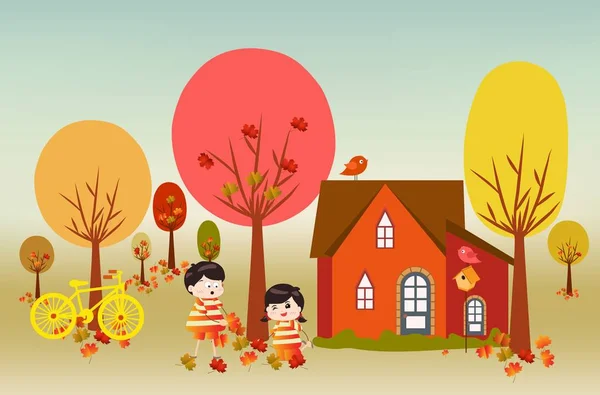 Hola otoño divertidos niños de un bosque en otoño con hojas cayendo — Vector de stock