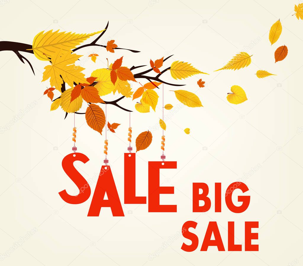 Autumn sales banner with colorful leaves hanging on a branch. Discount vector flyer 