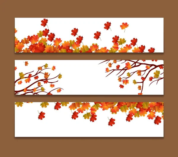 Conjunto de tres banderas vectoriales con hojas coloridas de otoño — Vector de stock